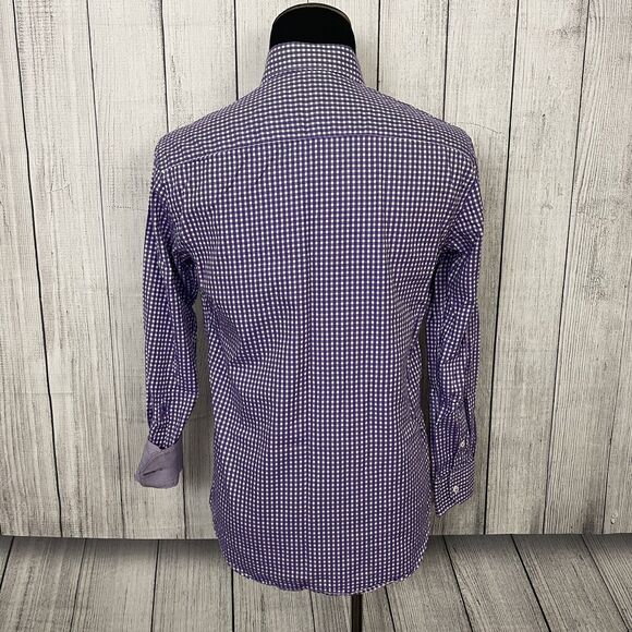 Bugatchi Uomo Men's Size 15 Purple & White Gingham Contrast Cuff Dress Shirt - Picture 6 of 8